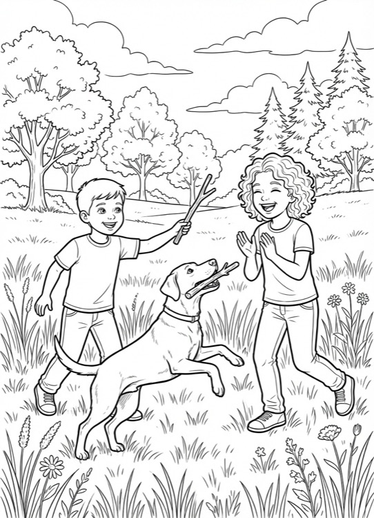 Children playing with dog in the park