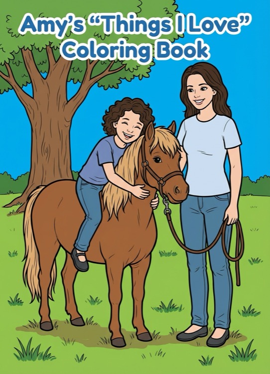 Colored in coloring page of girl sitting on & hugging pony while her mother leads the pony