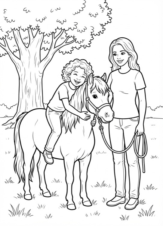 Girl sitting on & hugging pony while her mother leads the pony