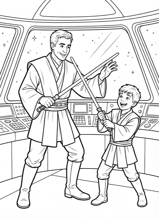 Father & son playing jedi knights on a space ship