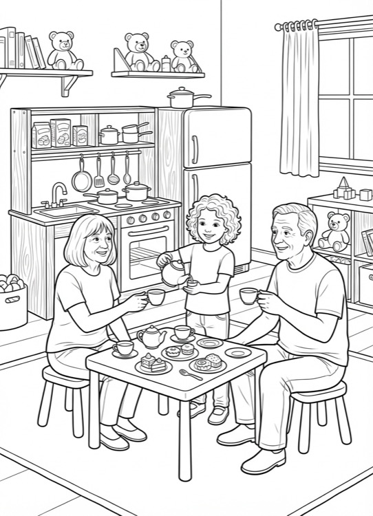 Girl having a tea party with her grandparents in a play kitchen